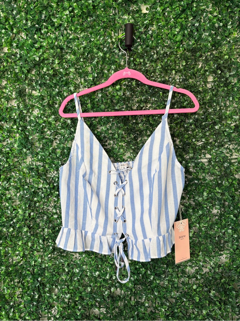 Blashe Striped Lace-Up Ruffle Hem Cami in Light Blue & White